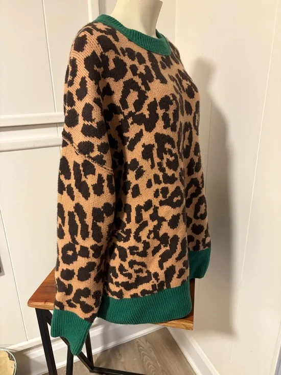 Aerie Leopard Print Crewneck Sweater with Green Trim - Picture 2 of 6
